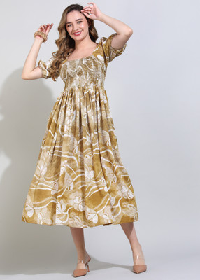 Clory fashion Women Fit and Flare Green Midi/Calf Length Dress