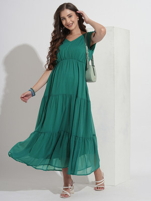 all about you Women Tiered Green Maxi/Full Length Dress