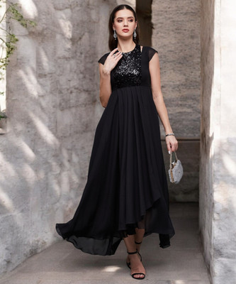 Miss Chase Women Gathered Black Maxi/Full Length Dress