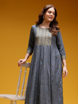 HERE&NOW Women A-line Grey Midi/Calf Length Dress