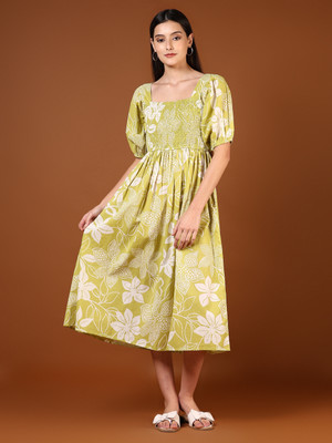 V-MART Women A-line Green Midi/Calf Length Dress