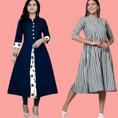 Houseofcommonk Women Printed Anarkali Kurta(Blue, Grey)