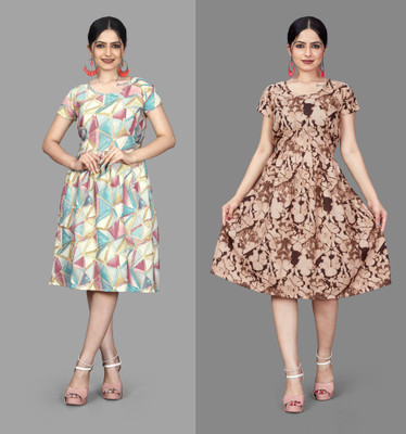 VARUDIFAB Women Fit and Flare Multicolor Below Knee Dress