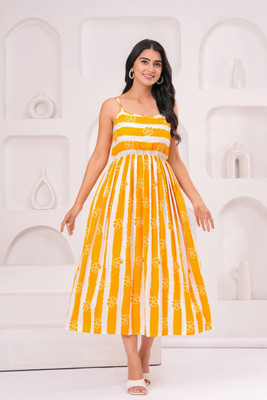 Bhawanaprint Women A-line Yellow Midi/Calf Length Dress