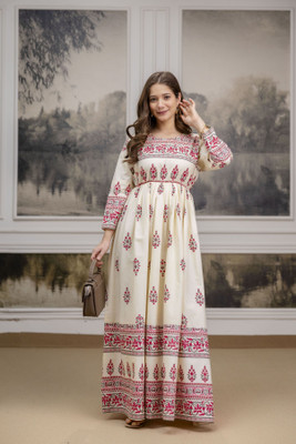 PURSHOTTAM WALA Women Fit and Flare Beige Ankle Length Dress
