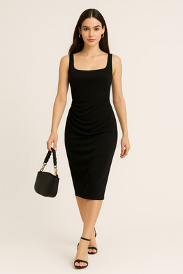 OOTDFY Women Bodycon Black Midi/Calf Length Dress