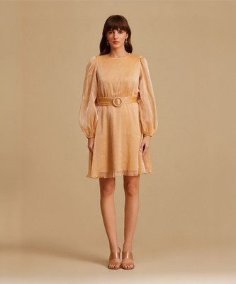 KAZO Women A-line Gold Midi/Calf Length Dress