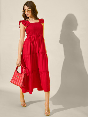 BuyNewTrend Women Ruffled Orange Below Knee Dress