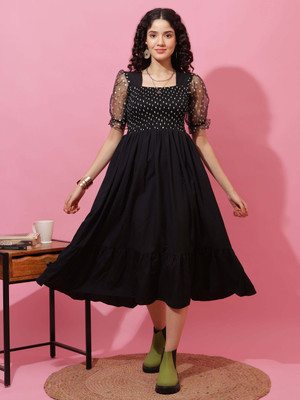 Sheetal Accociates Women Fit and Flare Black Midi/Calf Length Dress