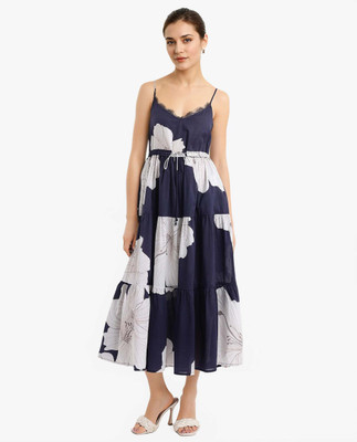 RAREISM Women Fit and Flare Dark Blue Midi/Calf Length Dress