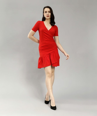saffe Women Ruffled Red Above Knee/Mid Thigh Length Dress