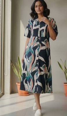 Chaukas Women Fit and Flare Multicolor Below Knee Dress