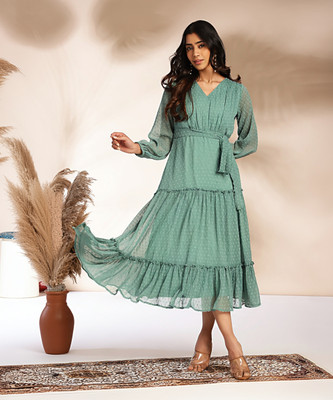 Janasya Women Tiered Light Green Ankle Length Dress