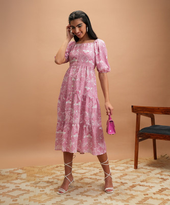 Vishudh Women Tiered Multicolor Midi/Calf Length Dress