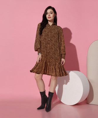 Mirrow Trade Women A-line Brown Midi/Calf Length Dress
