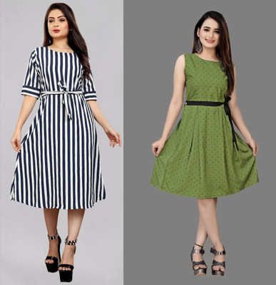 tanvi creation Women Fit and Flare Dark Green, White, Black Knee Length Dress