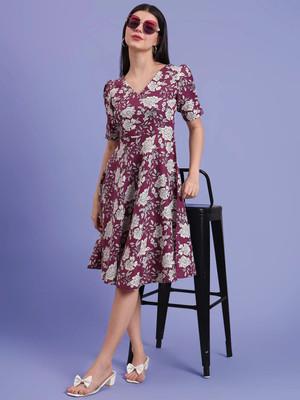 Dhakre fashion Women Fit and Flare Purple Knee Length Dress