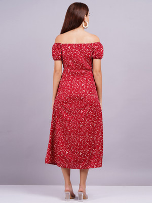 Highlight fashion export Women Fit and Flare Red Midi/Calf Length Dress