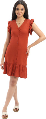 HERE&NOW Women Fit and Flare Brown Knee Length Dress