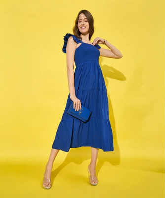 ColorMeGorgeous Women Fit and Flare Blue Midi/Calf Length Dress
