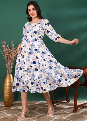 Yash Gallery Women Fit and Flare Blue Midi/Calf Length Dress