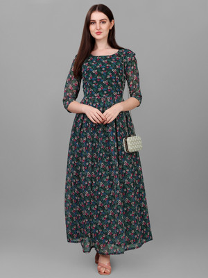 HK SHOPEE Women Fit and Flare Brown Maxi/Full Length Dress