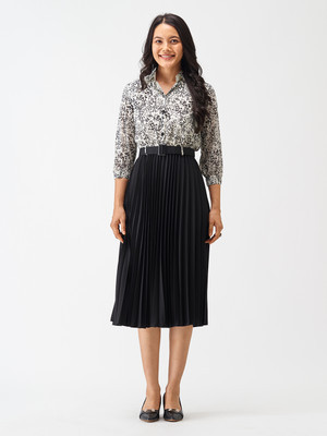 AASK Women Pleated Black Midi/Calf Length Dress