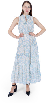 Fuegobella Women Maxi Light Blue, White Full Length Dress