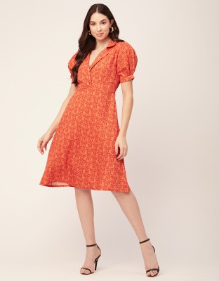 moomaya Women A-line Orange, Red Dress