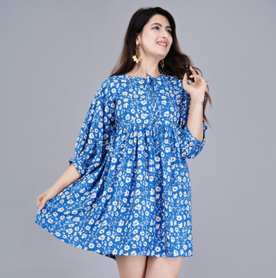 MANOJAVA Women Fit and Flare Blue, White Above Knee/Mid Thigh Length Dress