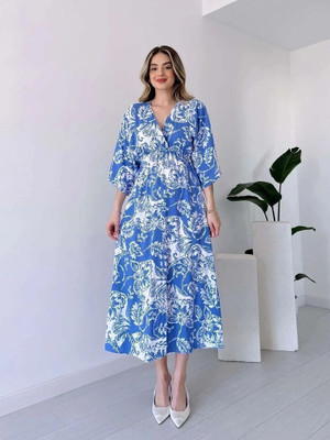 Herway Women Fit and Flare Light Blue Below Knee Dress