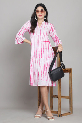 Wonder Weaves Women A-line Pink, White Midi/Calf Length Dress