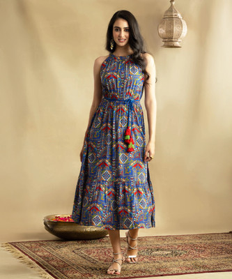 Jollity Women Fit and Flare Multicolor Midi/Calf Length Dress