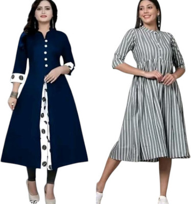 Texpamz Women Striped, Printed A-line Kurta(Blue, Grey)