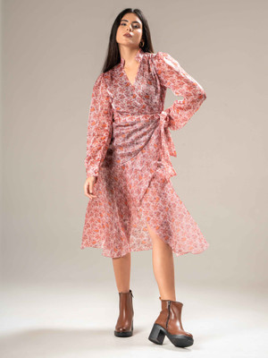 Urban Sundari Women Fit and Flare Orange Below Knee Dress