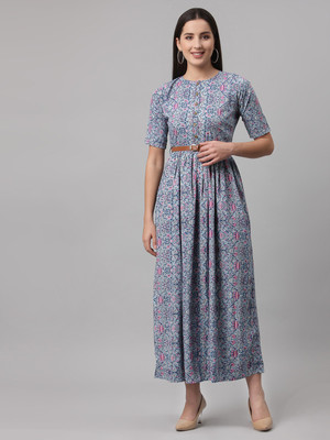 AAYU Women Fit and Flare Light Blue Maxi/Full Length Dress