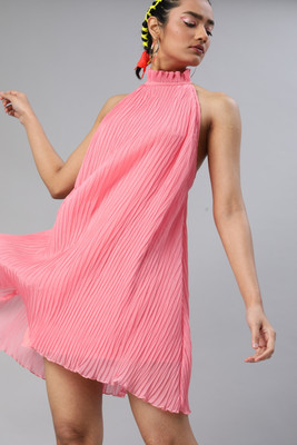 KASSUALLY Women Fit and Flare Pink Above Knee/Mid Thigh Length Dress