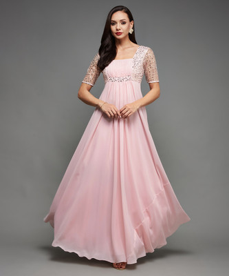 Miss Chase Women Pleated Pink Maxi/Full Length Dress