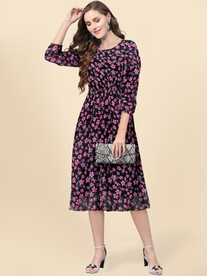 KERI PERRY Women Fit and Flare Black Midi/Calf Length Dress