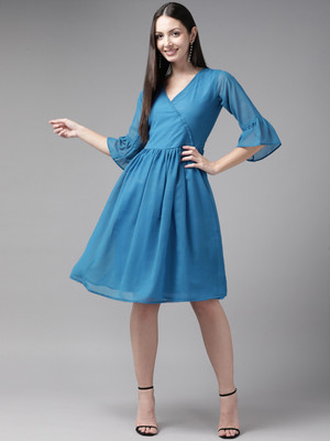 Aarika Women Skater Blue Knee Length Dress