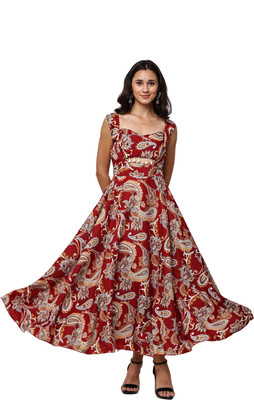 Hunoor Women Fit and Flare Maroon Ankle Length Dress
