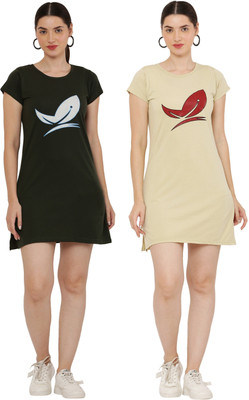 PREEGO Women T Shirt Beige, Black Above Knee/Mid Thigh Length Dress
