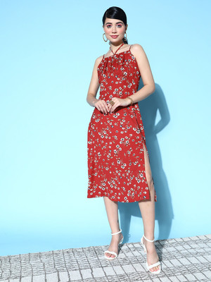Berrylush Women A-line Red Midi/Calf Length Dress