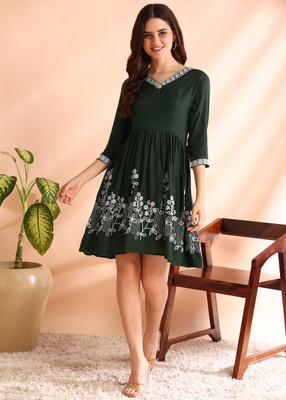 New Ethnic 4 You Women Fit and Flare Green Above Knee/Mid Thigh Length Dress
