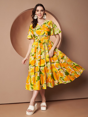OTABU Women Fit and Flare Multicolor Midi/Calf Length Dress