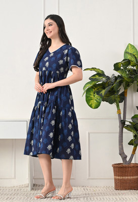 DECKEDUP Women Empire Waist Dark Blue Below Knee Dress