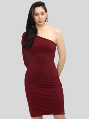 HEMANG FASHION Women Bodycon Maroon Above Knee/Mid Thigh Length Dress