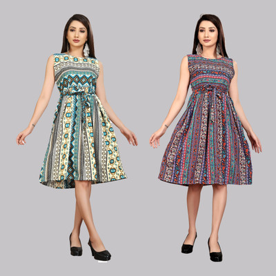 tanvi creation Women Fit and Flare Multicolor Knee Length Dress