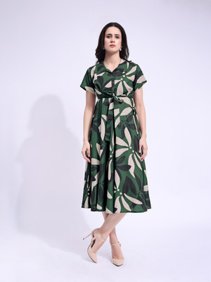 PURVAJA Women Fit and Flare Green Below Knee Dress