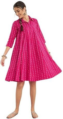 RILAKE Women Fit and Flare Pink Knee Length Dress
